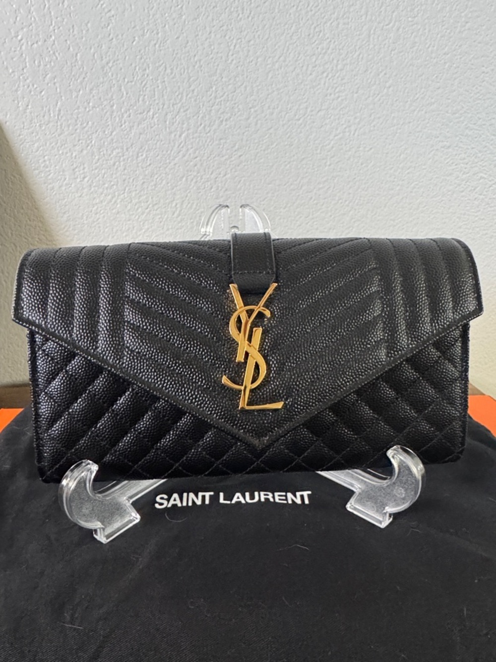 Saint Laurent Black Quilted Leather Wallet with Gold YSL Emblem
